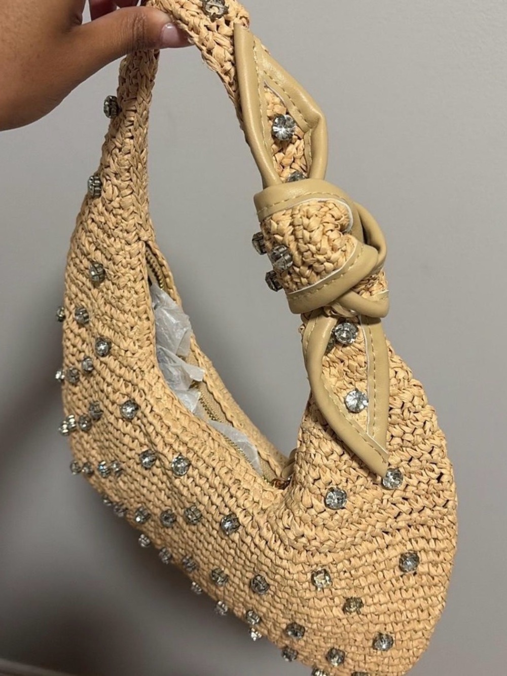 Beaded Straw Hobo Bag in Beige - Picture 2 of 3